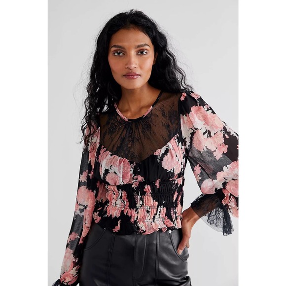 Free People Daphne Blouse Floral Print Lace Sheer Long Sleeve Blouse - Picture 6 of 12